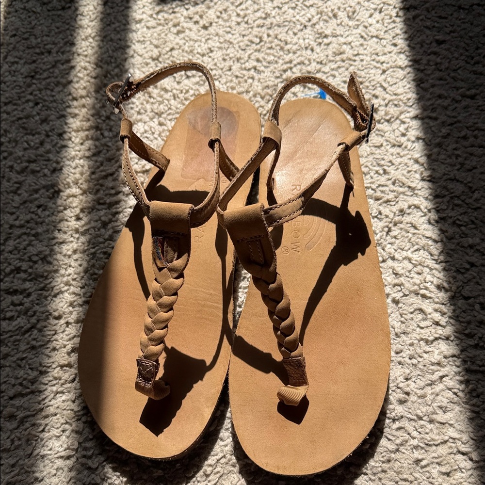 Rainbow Braided T‑Strap Sandals in Tan